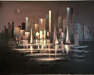  Vintage Mid Century Original Cityscape by E. Lee https://ctbids.com/#!/description/share/416374