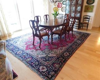 Vintage Hickory Chair brand Oval dining table 43" x 69"w/8 chairs,2 leaves 18"w $475.00. Matching Mahogany lighted china cabinet 13"d x 43"w x 79 1/2"h, $350.00, Oriental rug w/wear 9'9" x 11'9"x $400.00