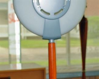 Beautiful 60's table lamp with round glass shade and teak and glass base. $300.00