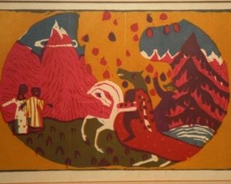 Wassily Kandinsky "Berge/Mountains" color woodcut 1911 an edition of 1200 impressions (from which our impression comes) printed from the original block with the authorization of Kandinsky's widow, Nina, in 1951. $200.00