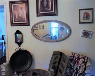 Solid WOOD BENCH - Large decorative plates and platters * framed art * framed mirrors * embroidery
