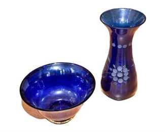 44. Cobalt Glass Bowl and Vase