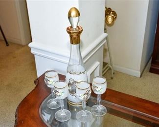 53. Hand Decorated Decanter and Four 4 Glasses
