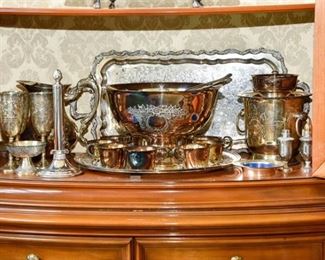 64. Etched Silverplate Bowl, Tray, Cups, and More