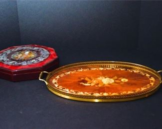 214. Enameled Chinese Box and Inlaid Wood Tray