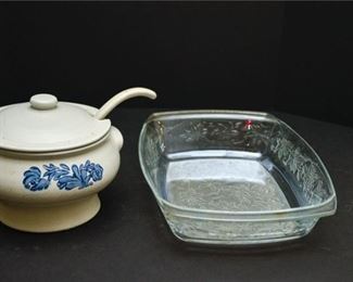 217. Vintage Ceramic Soup Bowl and Glass Dish