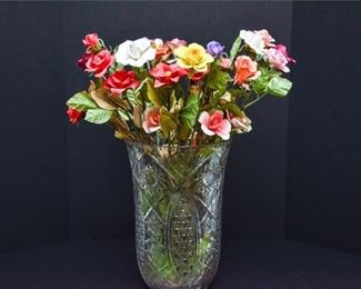 223. Cut Crystal Vase with Artificial Flowers