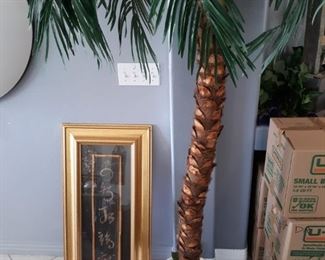 Asian framed scroll and faux palm tree