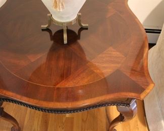 Table grouping all with parquetry / inlaid tops and ball & claw feet.
Pair end tables - 25”h x 32” x 32”   Asking: $350
Coffee table - 18”h x 50” x 32”        Asking: $450
Single round table - 25”h x 24” x 24”   Asking: $225
or $1000 for all four tables (can be sold as a set or possible separately, send us offers)
