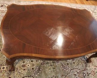 Table grouping all with parquetry / inlaid tops and ball & claw feet.
Pair end tables - 25”h x 32” x 32”   Asking: $350
Coffee table - 18”h x 50” x 32”        Asking: $450
Single round table - 25”h x 24” x 24”   Asking: $225
or $1000 for all four tables (can be sold as a set or possible separately, send us offers)
