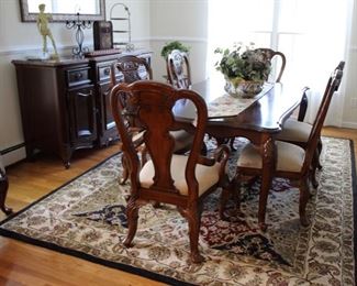 Bernhardt Dining Set, includes:
	“Avignon” carved French style table with two leaves & pads; 75” long (plus two 18” leaves for a total table length of 111”) x 45”w;     
	Set of eight carved shell form back splat; neutral beige tone upholstered seats; side chairs - 43”h x 20”w x 18 1/2”d; pair armchairs - 43”h x 23”w x 18 1/2”d (minor signs of wear, no major issues)   Asking: $1400 table & chairs
	French style marble top buffet with decorative hardware, 41”h x 72”l x 24 1/2”d   Asking: $800
	Total asking price: $2200  (can be sold as a set or possible separately, contact us with interest)

