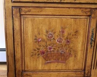 French style paint decorated storage cabinet, 36 1/2”h x x51”w x 22 1/2”d (minor chip on bottom edge -see photo)
Asking: $250
