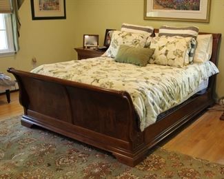 Huffman Koos Queen bedroom set, includes:
Queen sleigh bed, 98”l x 64 1/2”w x 43 1/2”h (headboard)  $450
Pair 3 drawer night stands,  27 3/4”h x 30” x 17”d  $300
Storage armoire with one interior mirror (can be used for electronics), 76”H x 44 1/2”w x 22”d  $250
Triple dresser with mirror (center opens for jewelry storage), 74 1/2”w x 19 1/2”d x 36 1/4”h (plus 52”h mirror on top)
(minor marks on top of dresser see photos)   $450
Asking for the set: $1450   