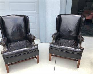 Hickory Chair Company Genuine Top Grain  Leather Wing Back Chairs