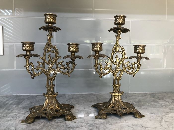 Brass Rococo Candlesticks. 11.5" Tall. 