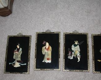 Set of 4 Asian Black Lacquer Wall Plaques - $200
