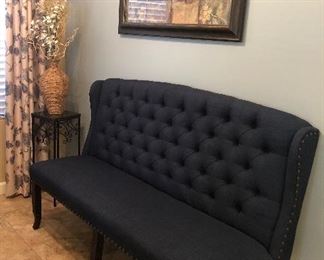 Dark Blue Settee w Nailhead Accent, Art Print, Side Table, Floral