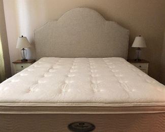 King Size Upholstered Headboard, CAL King Mattress/BS, Nightstands, Table Lamps