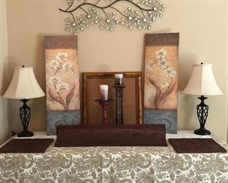 Table Lamps pr, Canvas Art, Metal Shelf and Matching Tiles, Candle Holders
