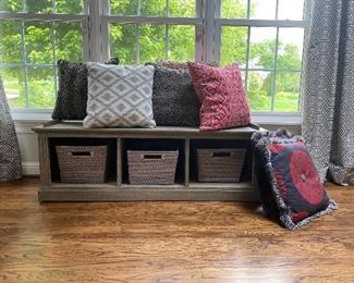 Bench with three grey wicker drawers SOLD...  PILLOWS SEPARATE $75