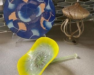 Art Glas blue plate, gold object and yellow flower $55 all