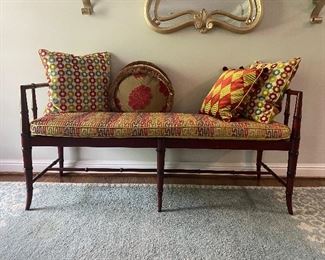 bamboo look style bench with cushion and pillows included $195 all

H 26”
W 55”
D 20”