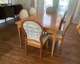 Dining Table with upholstered chairs 6 $495

H 31”
W 44” 
D” 69

+ 2 16” leaves