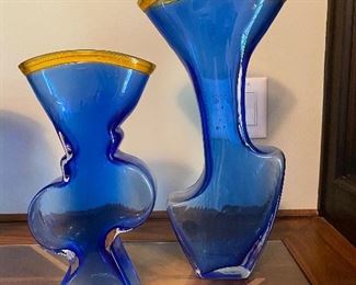Blue vases matching pair art glass $175