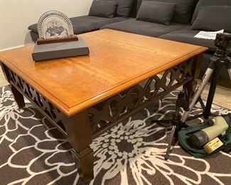 Square wood coffee table with cutaway  $100
H 18”
W 42”
Dark grey rug roughly 5x9 $65
D 42”