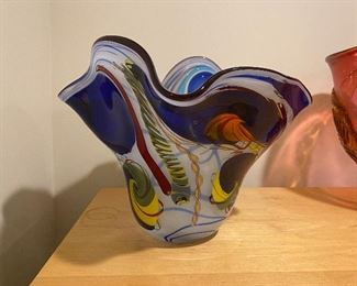 Large bowl art glass piece blue yellow and red $110