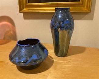 Set of two metallic blue and art glass pieces