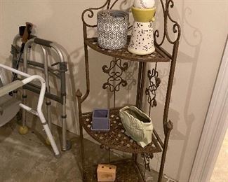 Corner metal shelf and walker and other stuff and cushions $25 all