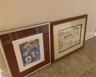 Marc Chagall print and word print framed $40 both