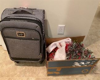 luggage, xmas box, linens and towels pillow, and 3 stuffed animals in closet $10 all