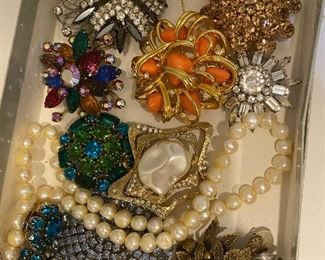 2 boxes jewelry including brooches, necklaces, etc