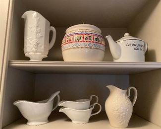 2 shelves White cookie jar, gravy boats and more $10 all