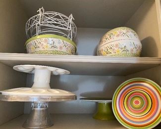 4 shelves cake plates, dishes, silver dish bowl more $20 all