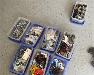 8 boes of tools parts, screws, etc and electronic cables, etc.  $35