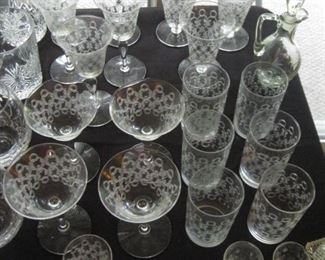 Set of etched stemware and glasses