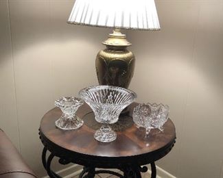 Metal/Wood End Table, Lovely Crystal and Grand Brass Lamp