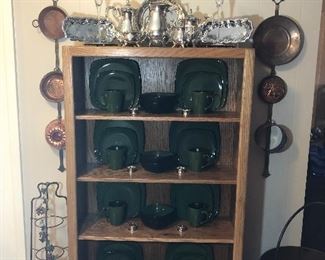 Several Silver Plate Serving Pieces, Service for 8, Black/Green Dishes, More Copper