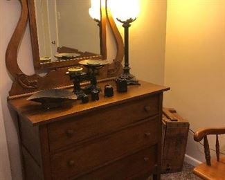 Antique Dresser & Mirror, and Vintage Scales