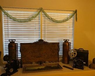 Vintage Copper Fire Extinghers, Framed Tapestry Movie Cameras