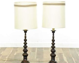Pair Bronze Mid Century Spindle Column Table Lamps