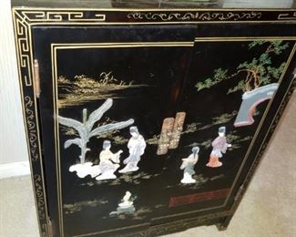 Asian, inlaid, black lacquer cabinet: 29.5" x 23" wide x 11" deep