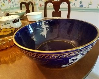 blue bowl: 15" top x 10" bottom x 5.75" tall/deep