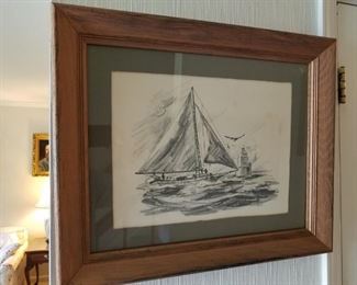 pair charcoal sketches by Browne