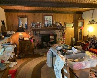 Living room full! Quilts, hankies, Curly maple grandmothers clock, stained glass lamp, linens