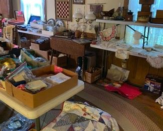 Vintage drop leaf table, linens, quilts, costume jewelry
