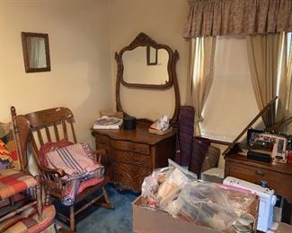 PINK sewing machine, rockers, beautiful oak Victorian dresser